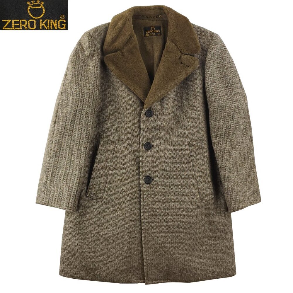 Zero King Vintage Wool Coat Tweed USA Herringbone Fur Trim Glenoit Men's Size 42